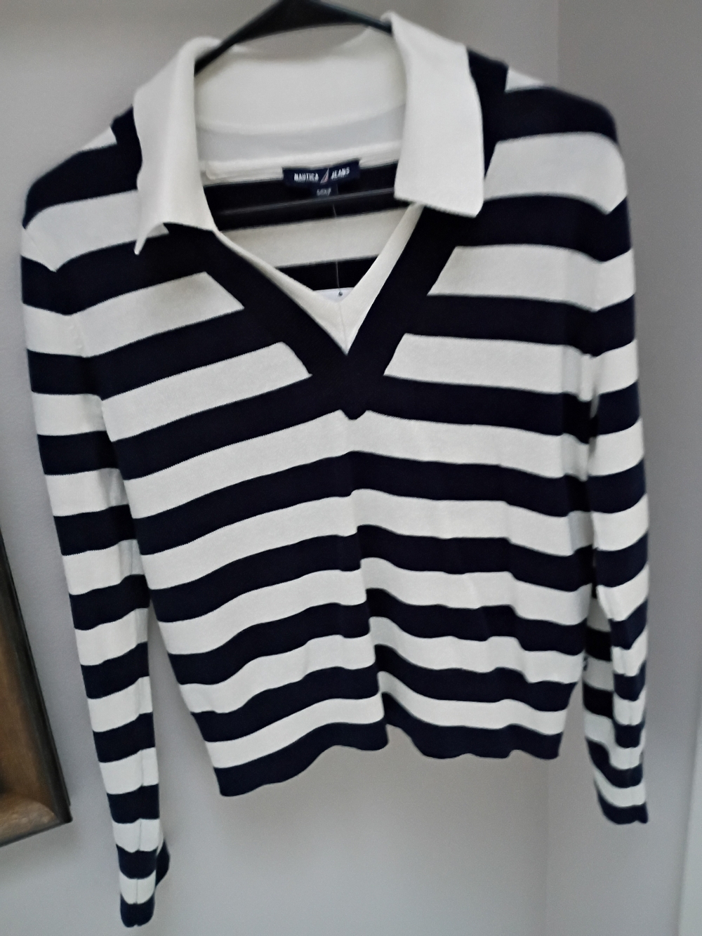 Nautica Navy Blue and White Striped V-Neck Polo Sweater